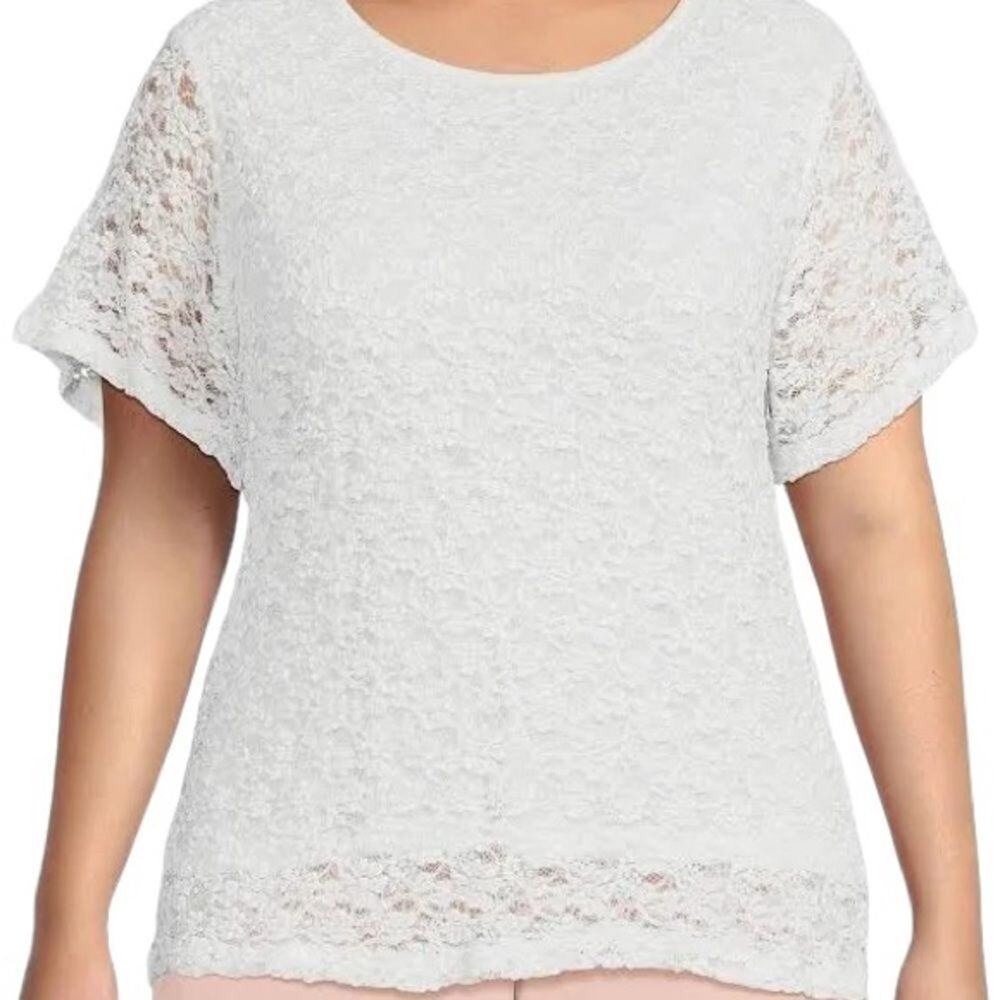 Calvin Klein Blouse Womens XL Ivory Floral Lace Short Sleeve Lined Top - Picture 5 of 5